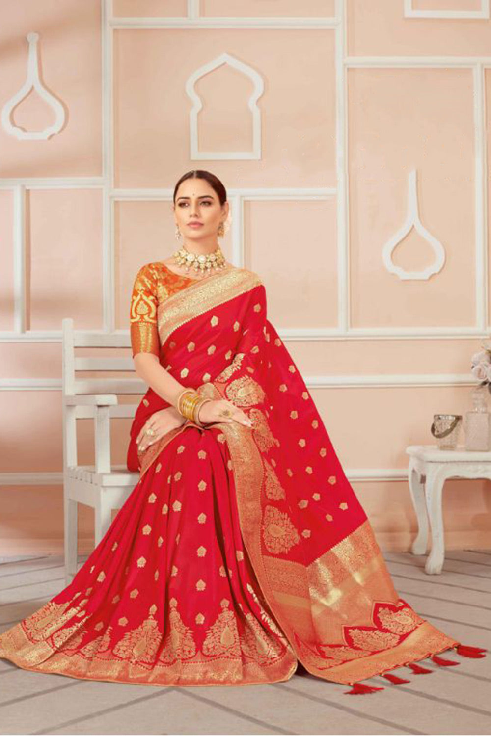 Red Banarasi Silk Saree With Zari Weaving Work