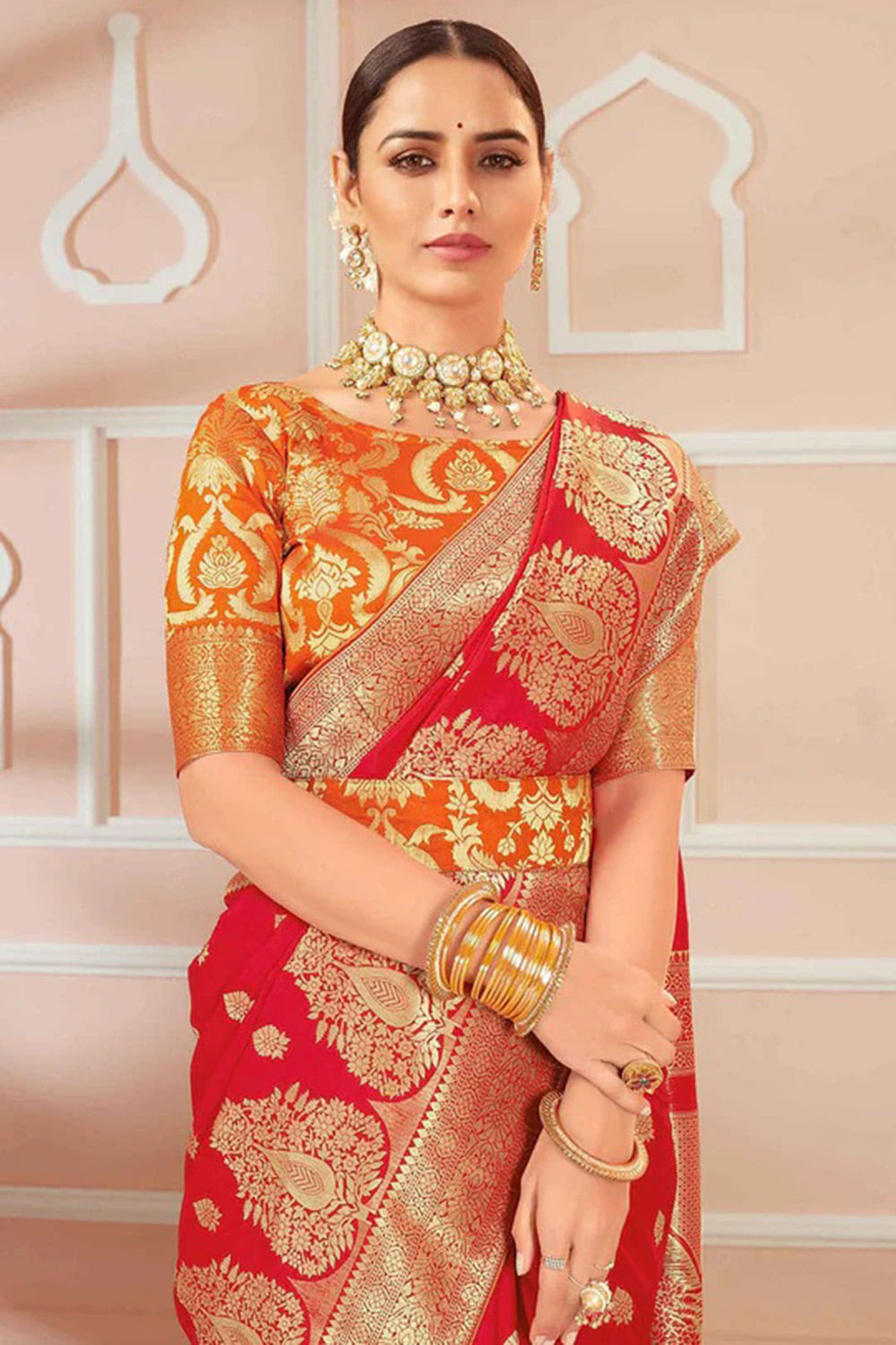 Red Banarasi Silk Saree With Zari Weaving Work