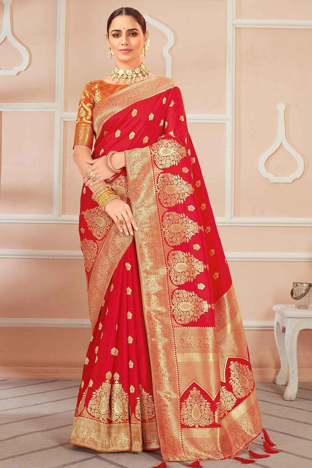 Red Banarasi Silk Saree With Zari Weaving Work