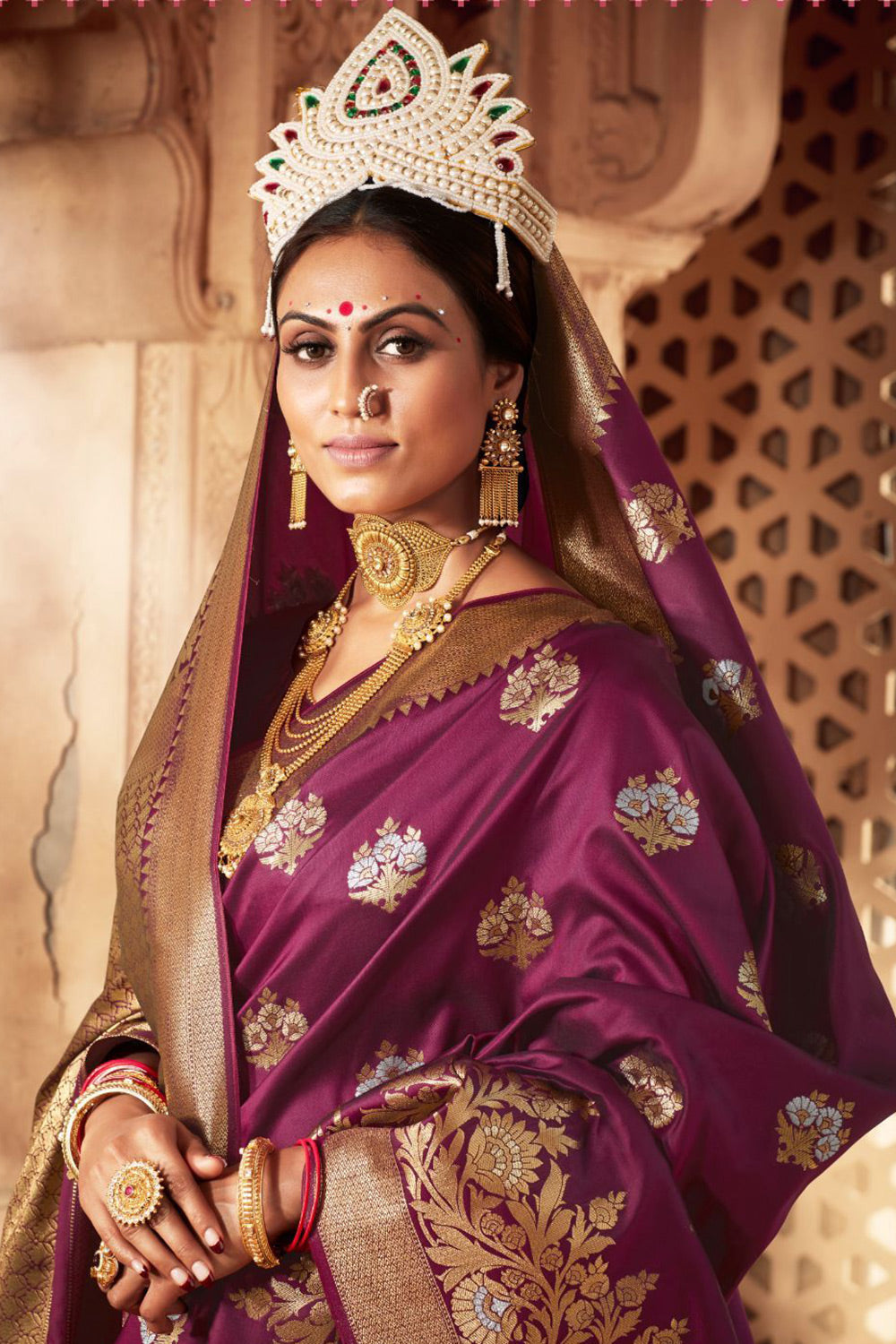 Wine Banarasi Silk Saree With Zari Weaving Work