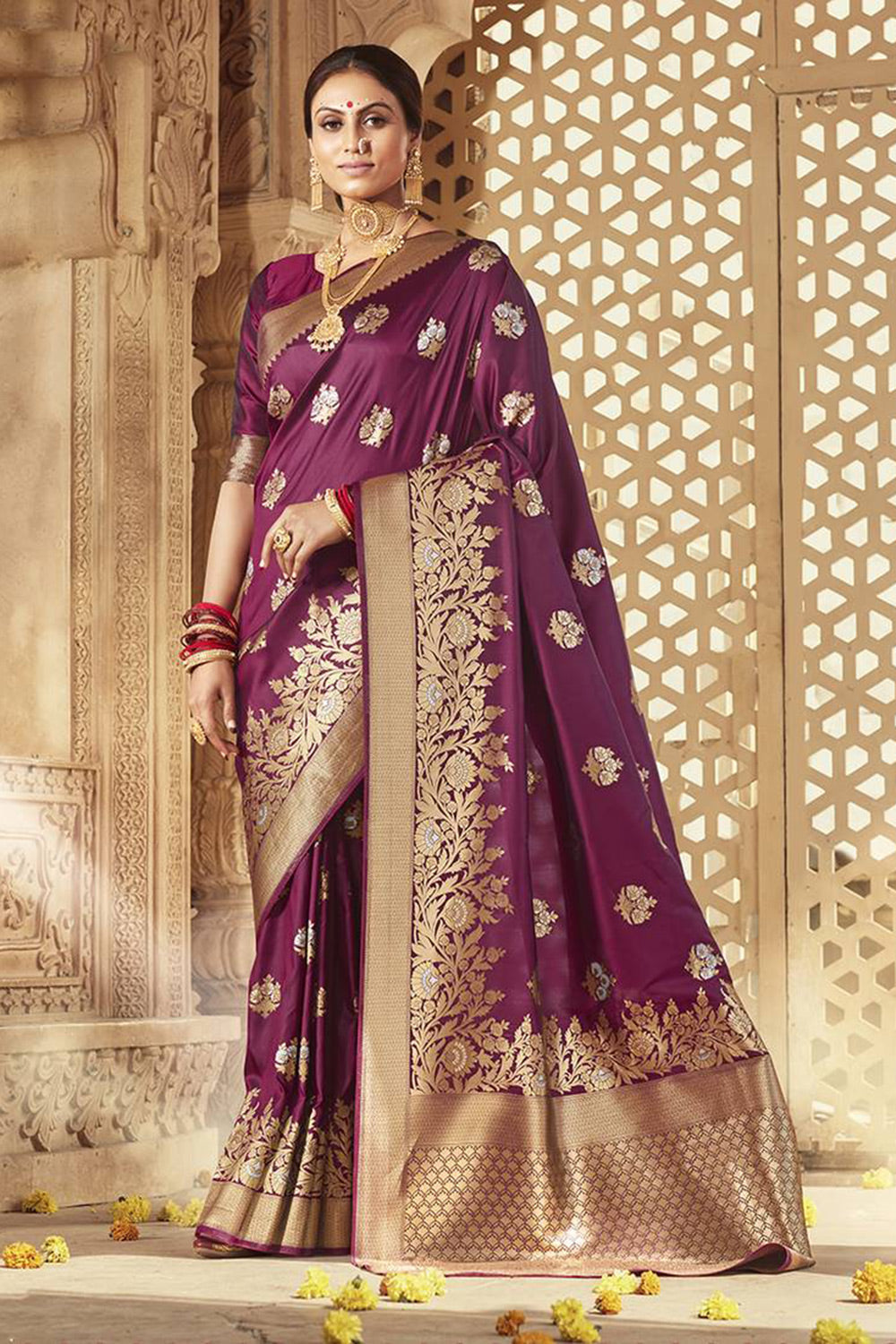 Wine Banarasi Silk Saree With Zari Weaving Work