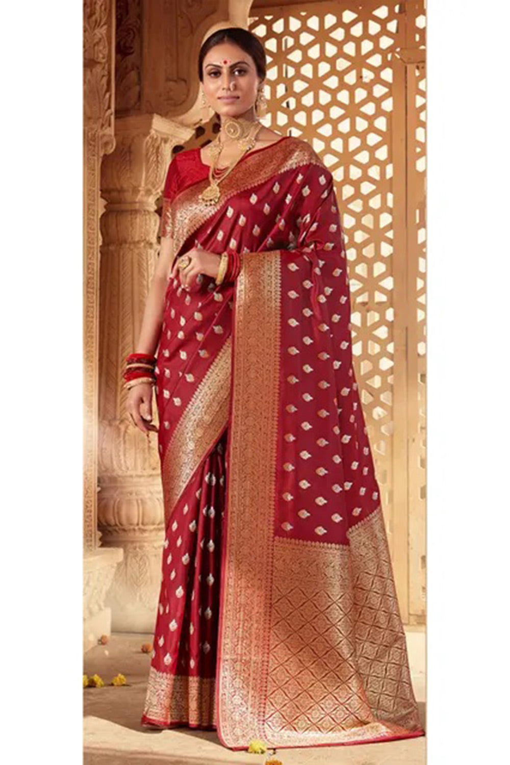 Maroon Banarasi Silk Saree With Zari Weaving Work