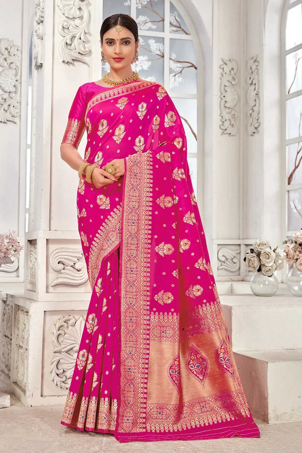 Rani Pink Banarasi Silk Saree With Zari Weaving Work