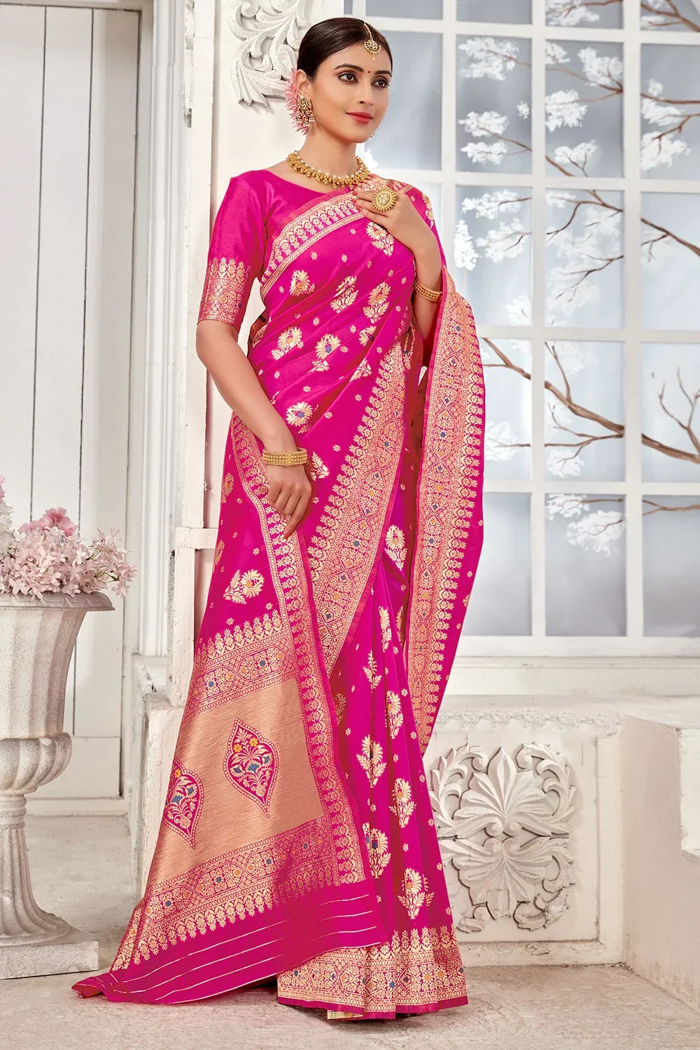 Rani Pink Banarasi Silk Saree With Zari Weaving Work
