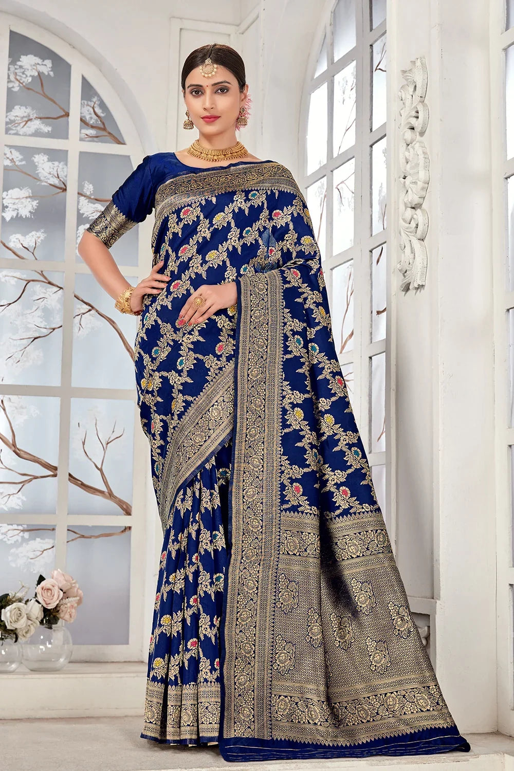 Blue Banarasi Silk Saree With Zari Weaving Work