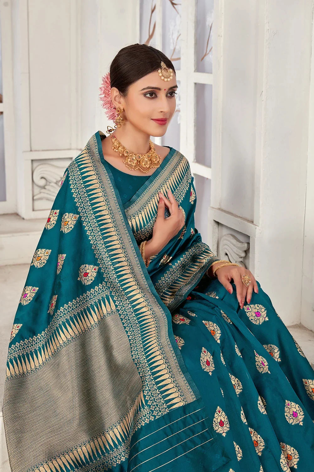 Rama Blue Banarasi Silk Saree With Zari Weaving Work