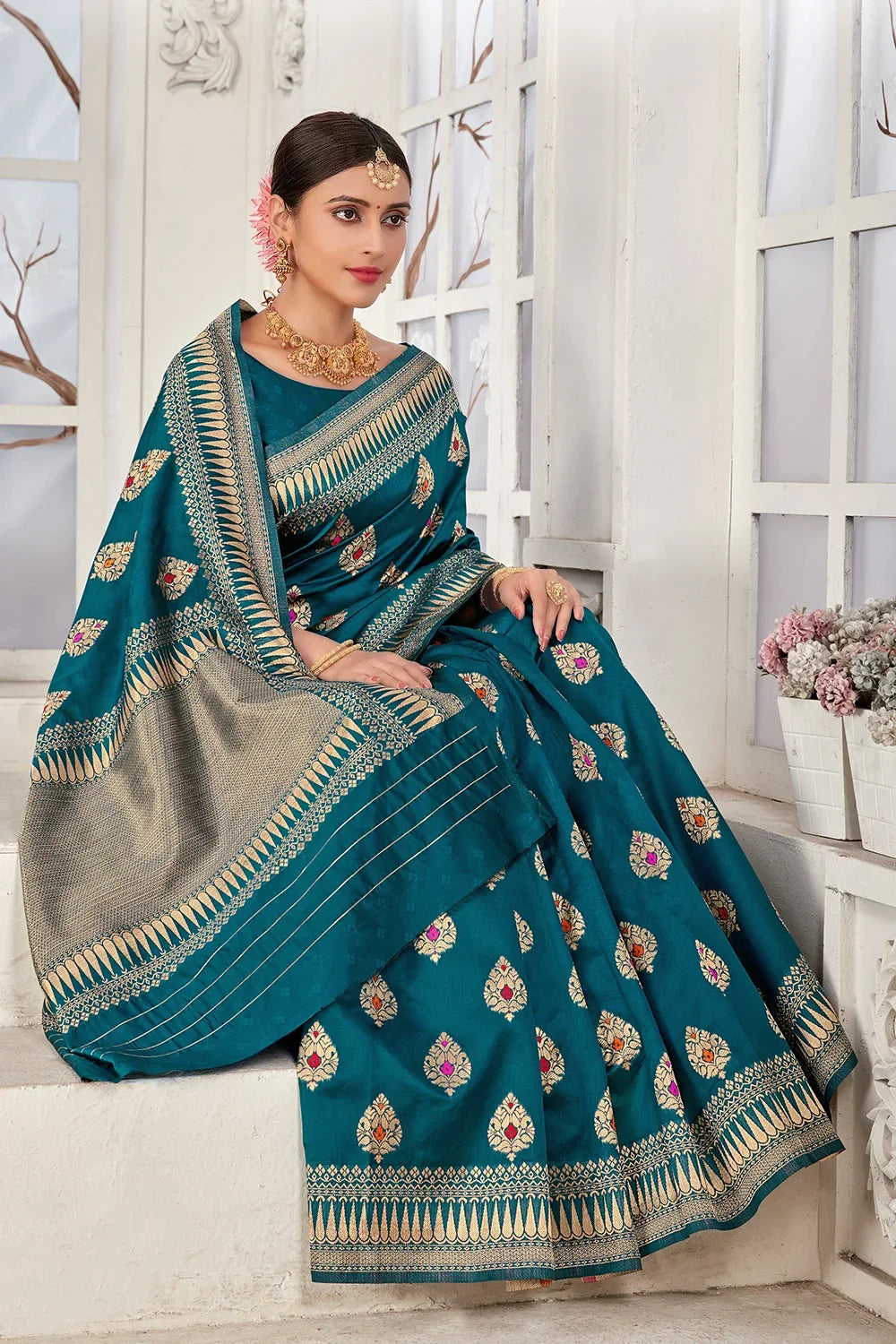 Rama Blue Banarasi Silk Saree With Zari Weaving Work