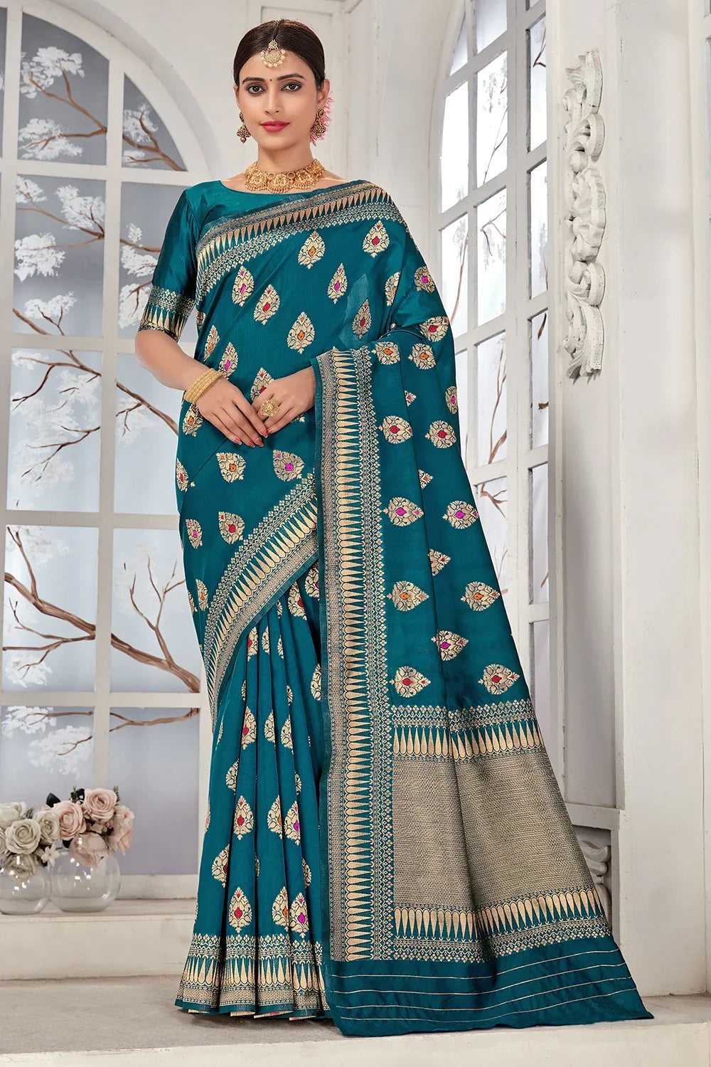 Rama Blue Banarasi Silk Saree With Zari Weaving Work