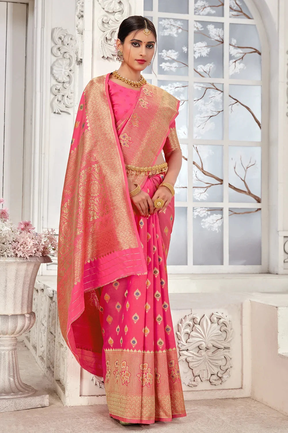 Pink Banarasi Silk Saree With Zari Weaving Work