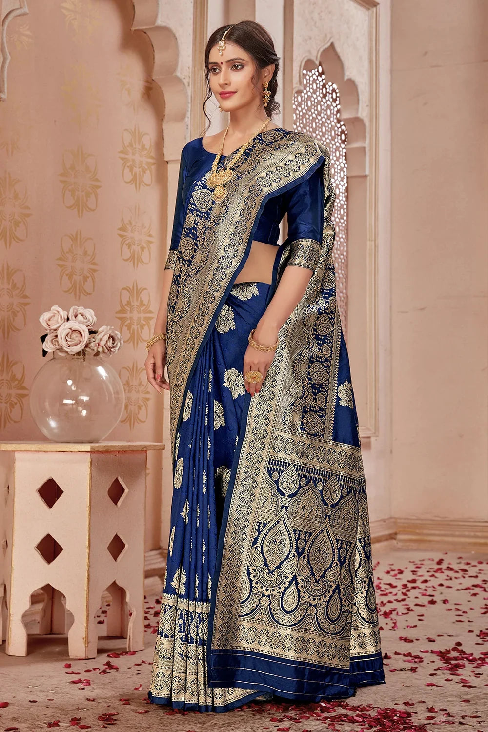Blue Banarasi Silk Saree With Zari Weaving Work