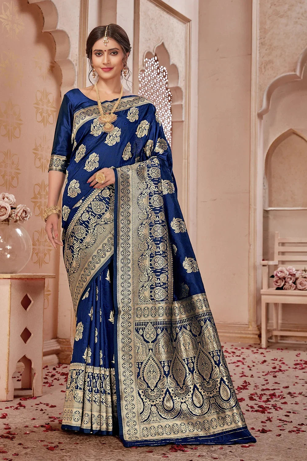 Blue Banarasi Silk Saree With Zari Weaving Work