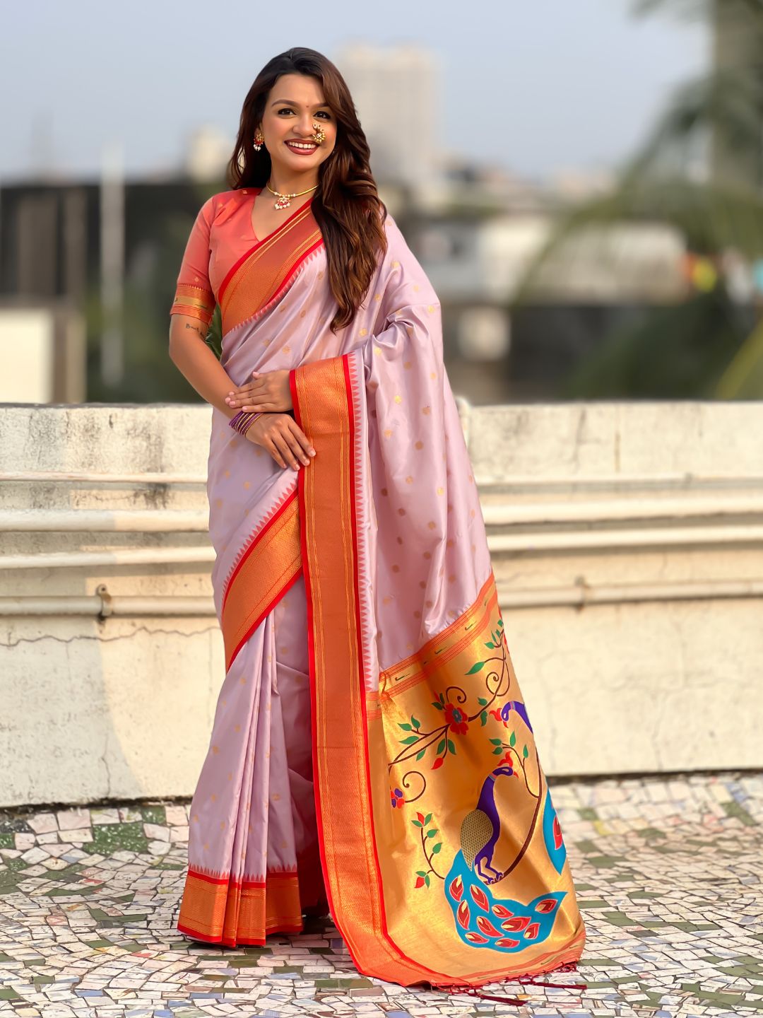 Traditional Paithani Silk Saree with Zari Woven Motifs And Meenakari Peacock Pallu