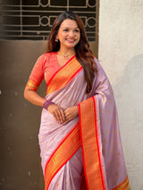 Traditional Paithani Silk Saree with Zari Woven Motifs And Meenakari Peacock Pallu