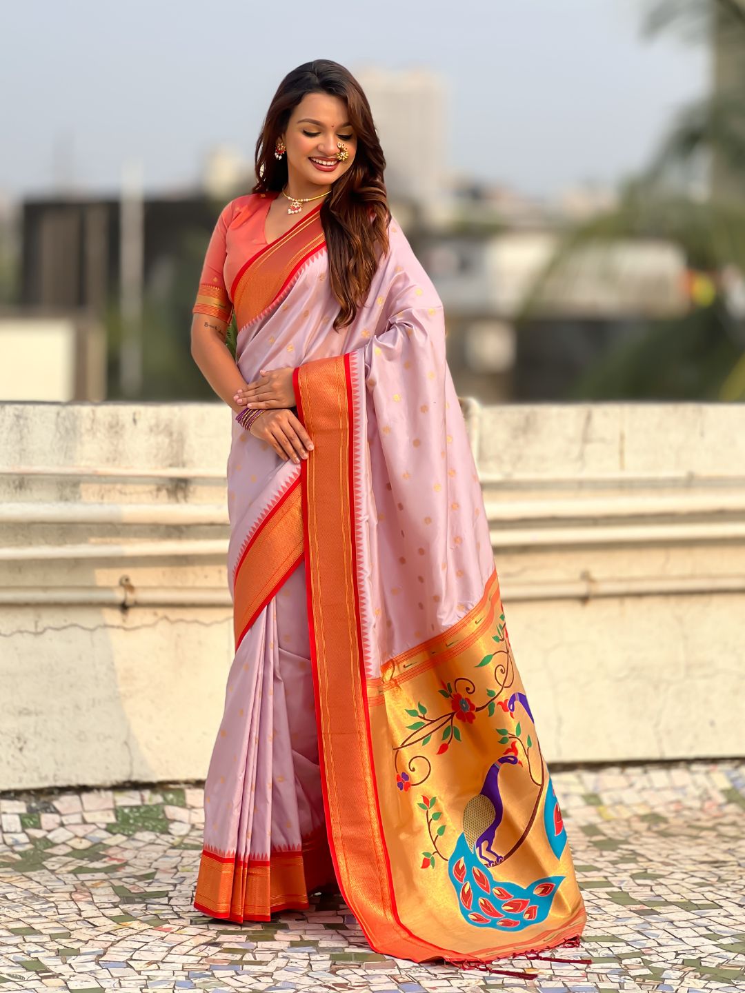 Traditional Paithani Silk Saree with Zari Woven Motifs And Meenakari Peacock Pallu