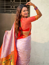 Traditional Paithani Silk Saree with Zari Woven Motifs And Meenakari Peacock Pallu