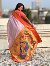 Traditional Paithani Silk Saree with Zari Woven Motifs And Meenakari Peacock Pallu