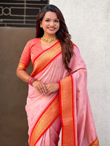 Traditional Paithani Silk Saree with Zari Woven Motifs And Meenakari Peacock Pallu