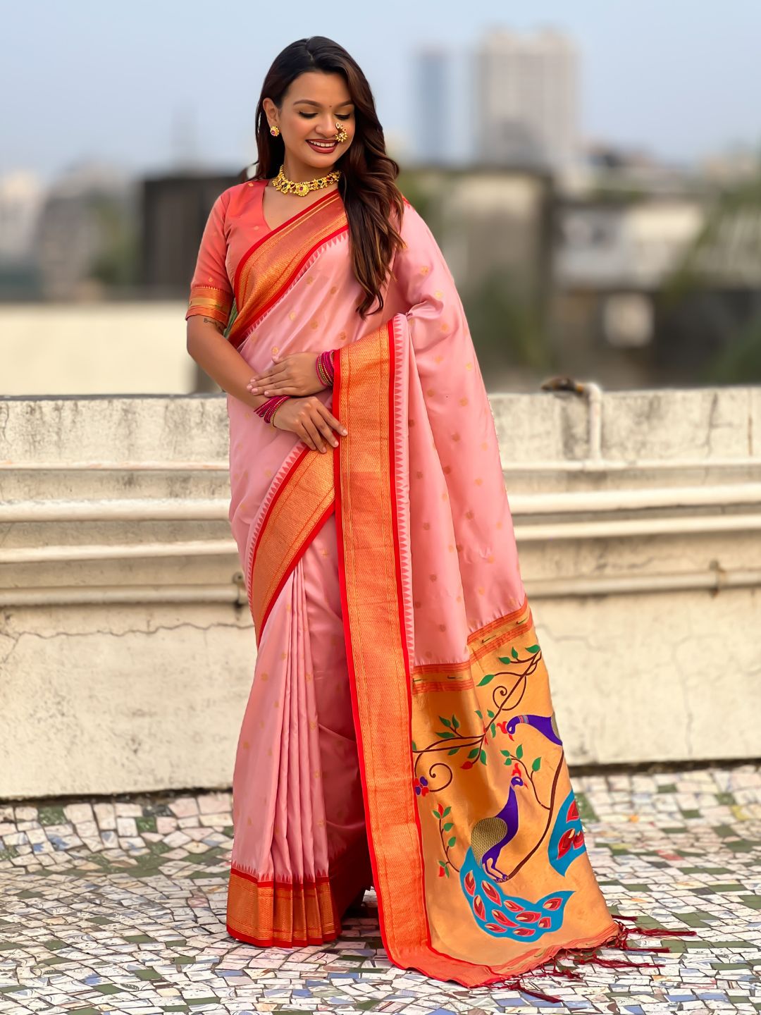 Traditional Paithani Silk Saree with Zari Woven Motifs And Meenakari Peacock Pallu