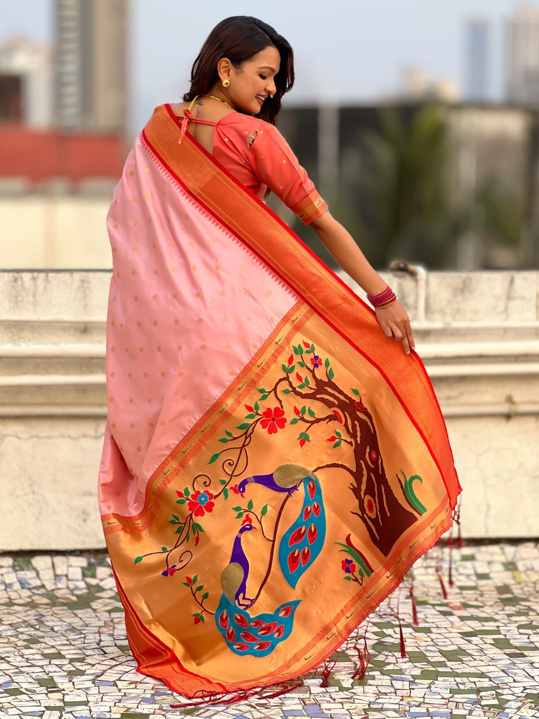 Traditional Paithani Silk Saree with Zari Woven Motifs And Meenakari Peacock Pallu
