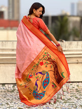 Traditional Paithani Silk Saree with Zari Woven Motifs And Meenakari Peacock Pallu