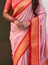 Traditional Paithani Silk Saree with Zari Woven Motifs And Meenakari Peacock Pallu