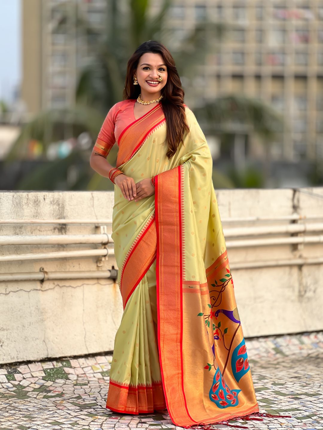 Traditional Paithani Silk Saree with Zari Woven Motifs And Meenakari Peacock Pallu