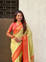 Traditional Paithani Silk Saree with Zari Woven Motifs And Meenakari Peacock Pallu