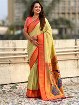 Traditional Paithani Silk Saree with Zari Woven Motifs And Meenakari Peacock Pallu