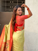 Traditional Paithani Silk Saree with Zari Woven Motifs And Meenakari Peacock Pallu