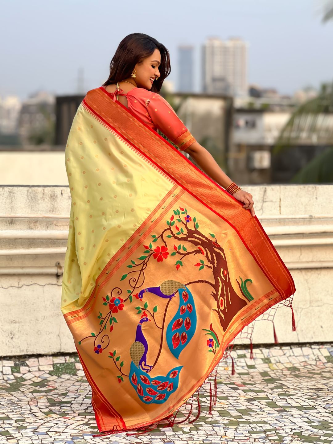 Traditional Paithani Silk Saree with Zari Woven Motifs And Meenakari Peacock Pallu