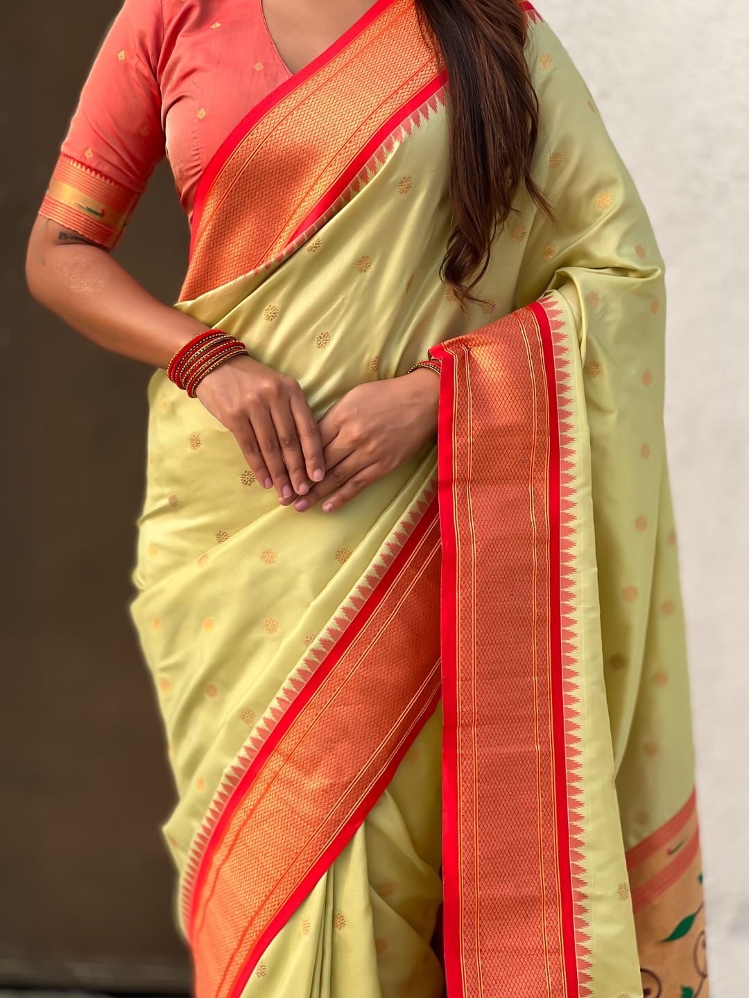 Traditional Paithani Silk Saree with Zari Woven Motifs And Meenakari Peacock Pallu