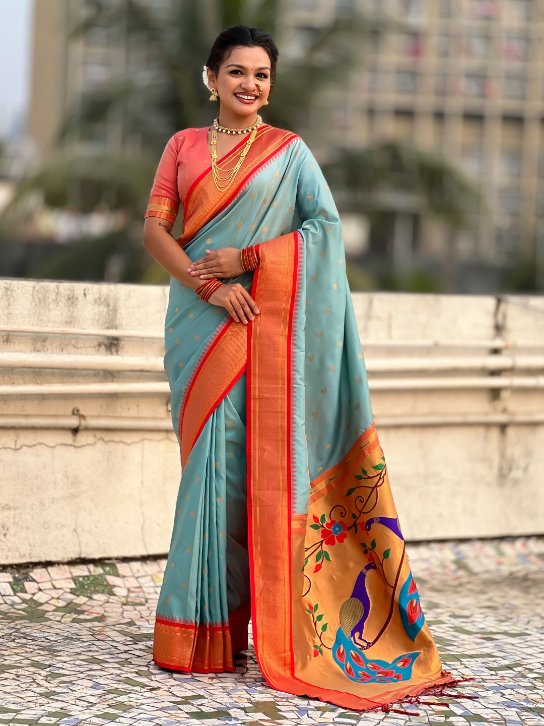 Traditional Paithani Silk Saree with Zari Woven Motifs And Meenakari Peacock Pallu
