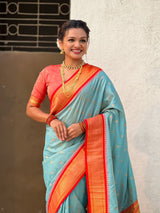 Traditional Paithani Silk Saree with Zari Woven Motifs And Meenakari Peacock Pallu
