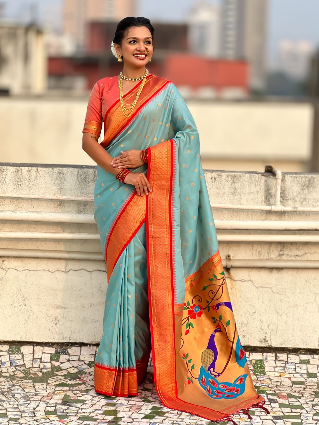 Traditional Paithani Silk Saree with Zari Woven Motifs And Meenakari Peacock Pallu