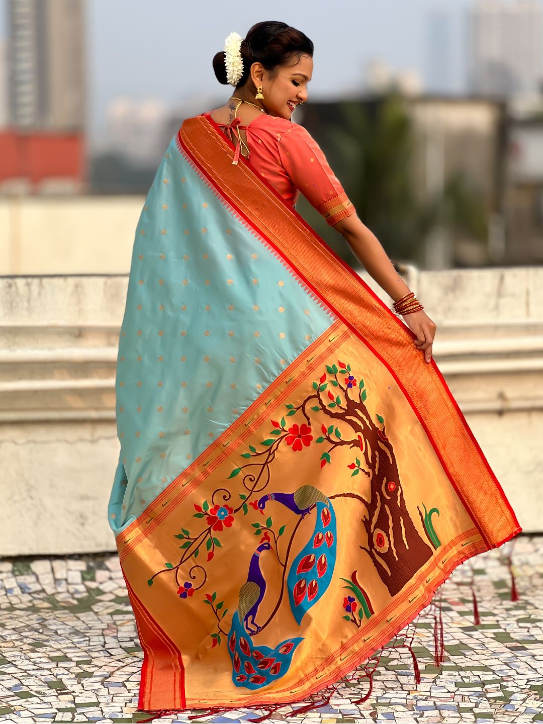 Traditional Paithani Silk Saree with Zari Woven Motifs And Meenakari Peacock Pallu