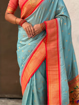 Traditional Paithani Silk Saree with Zari Woven Motifs And Meenakari Peacock Pallu