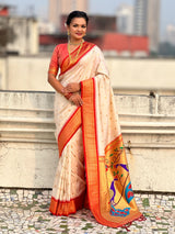 Traditional Paithani Silk Saree with Zari Woven Motifs And Meenakari Peacock Pallu