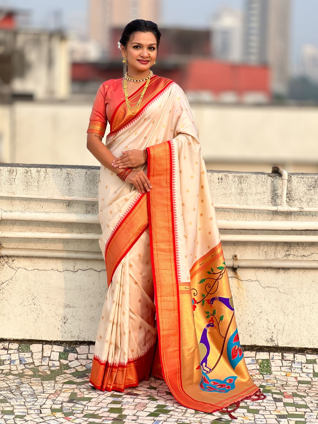 Traditional Paithani Silk Saree with Zari Woven Motifs And Meenakari Peacock Pallu