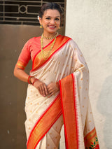 Traditional Paithani Silk Saree with Zari Woven Motifs And Meenakari Peacock Pallu