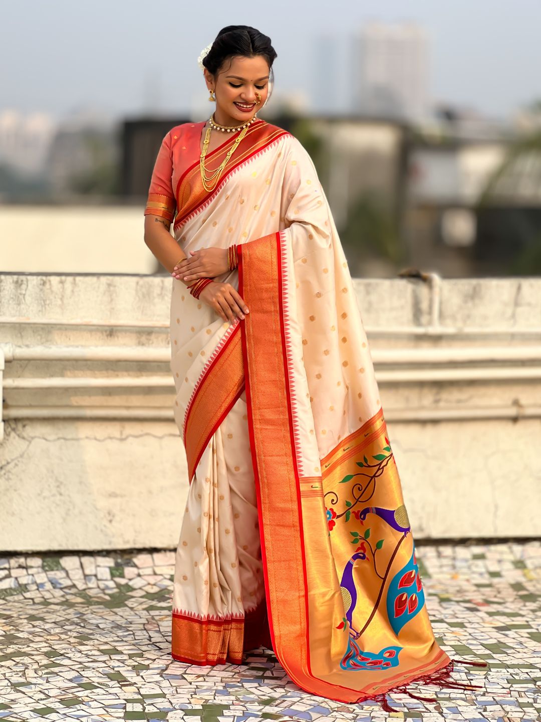 Traditional Paithani Silk Saree with Zari Woven Motifs And Meenakari Peacock Pallu