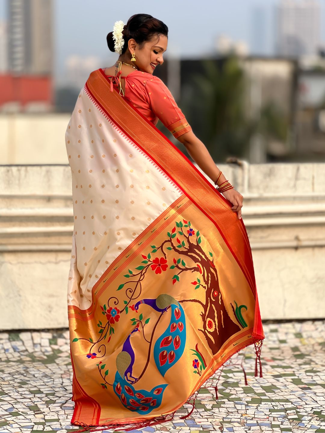 Traditional Paithani Silk Saree with Zari Woven Motifs And Meenakari Peacock Pallu