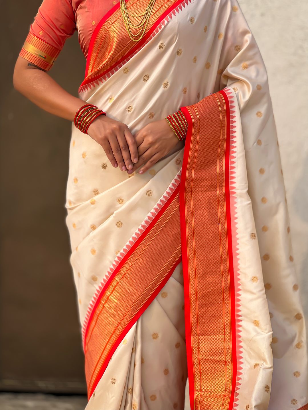 Traditional Paithani Silk Saree with Zari Woven Motifs And Meenakari Peacock Pallu