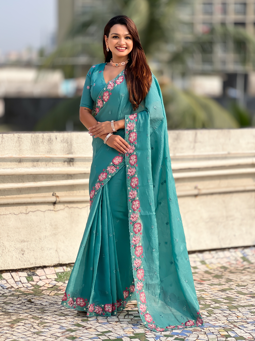 Sky Pure Crush Embroidered Saree with Multicolor Floral Motifs and Cutwork Border