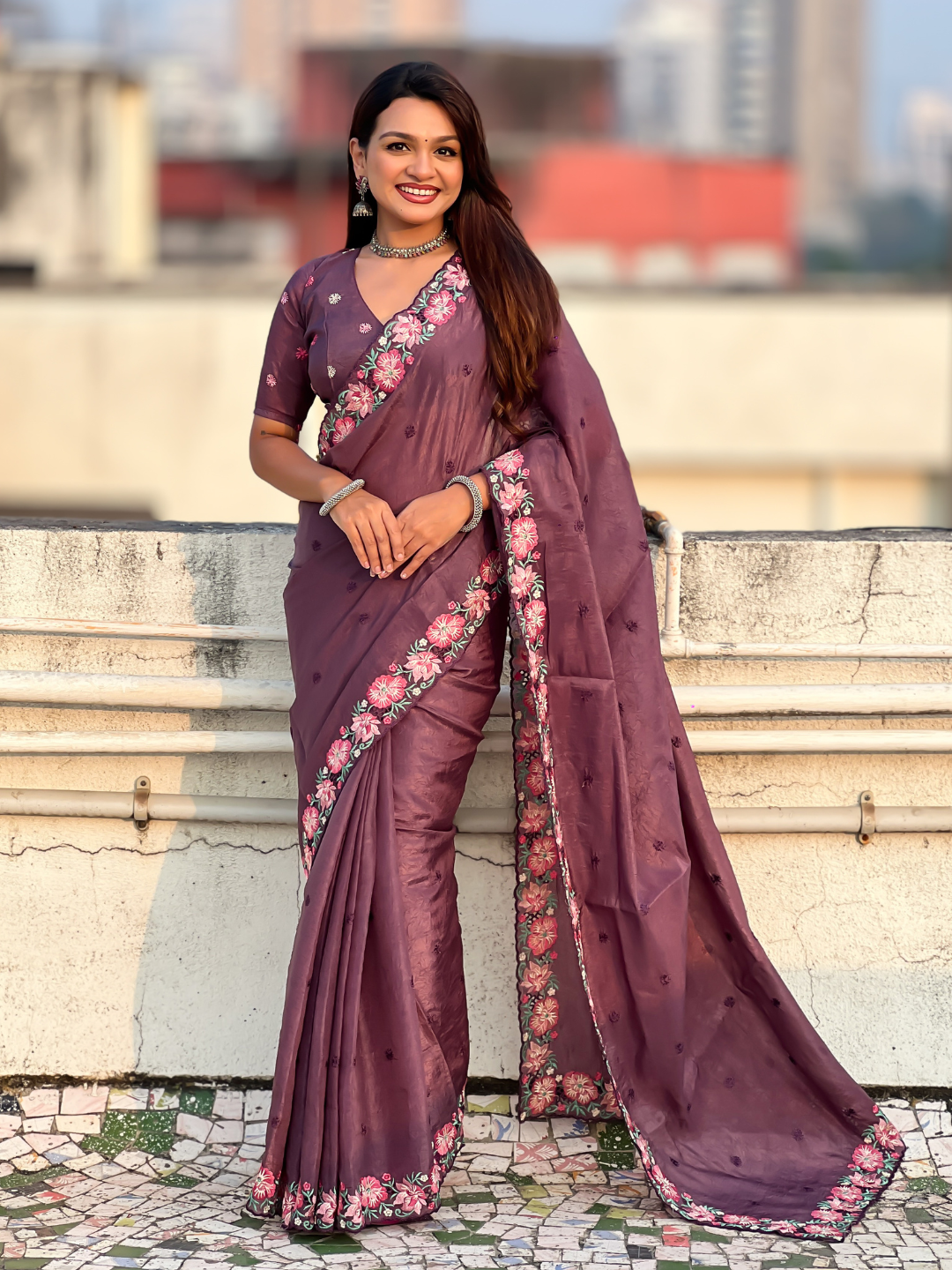 Wine pure crush embroidered saree with multicolor floral motifs and cutwork border