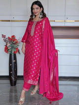 Libas Magenta Woven Design Silk Blend Straight Suit With Dupatta