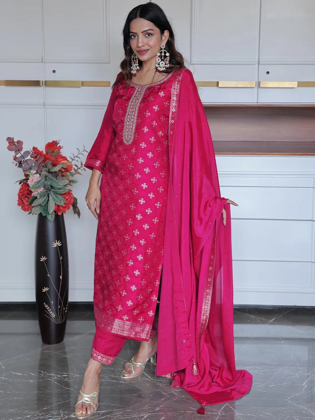 Libas Magenta Woven Design Silk Blend Straight Suit With Dupatta