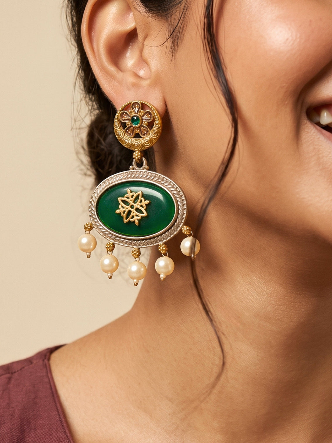 Mameraa Green Stone Statement Pearl Drop Earrings