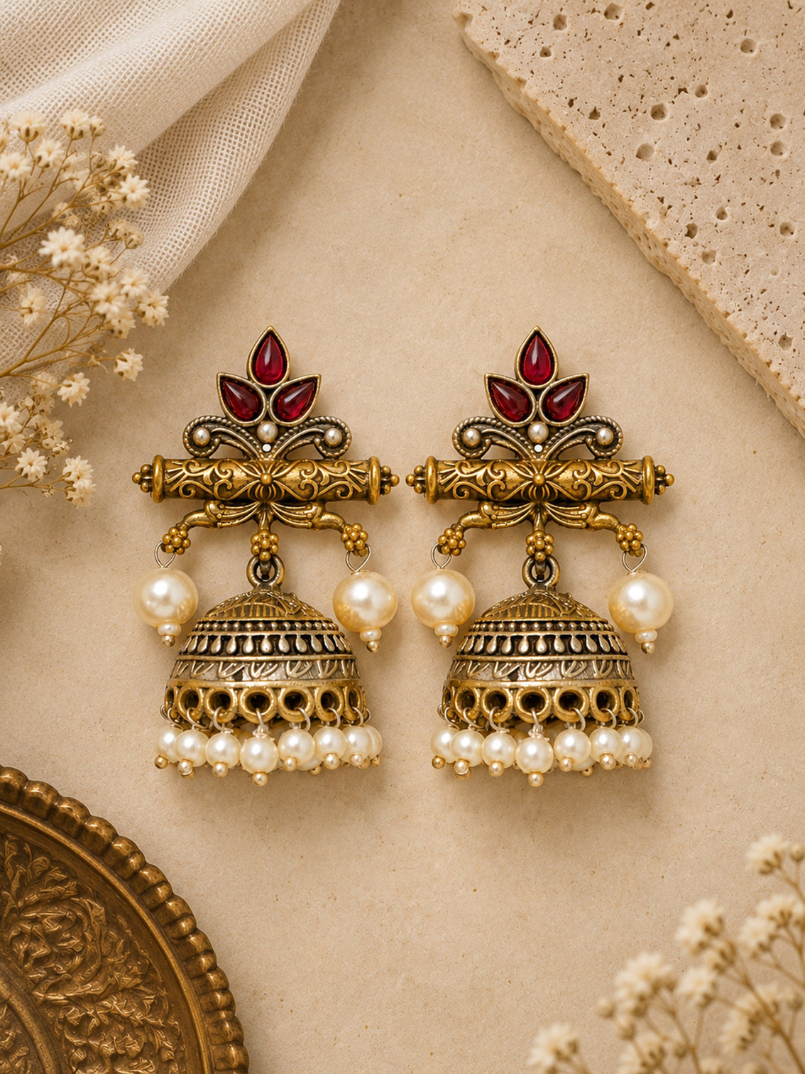 Mameraa Pink Stone & Pearl Drop Jhumka Earrings
