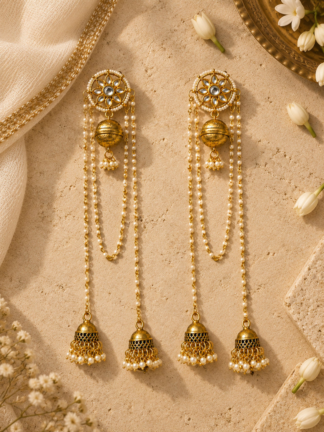 Mameraa Long Chain Kashmiri Jhumki Drops Earrings