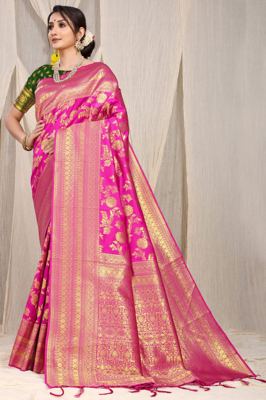 Flattering Dark Pink Banarasi Silk Saree With Adorable Blouse Piece
